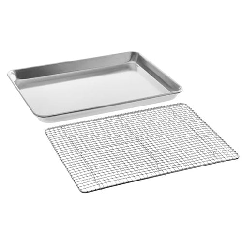 Half Size 19 Gauge 13" x 18" Wire in Rim Aluminum Sheet Pan with Half Size 12" x 16" Footed Cooling Rack