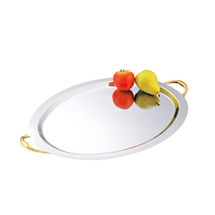 Oval Mirror Polished Stainless Steel Serving Platter With Gilt Handles