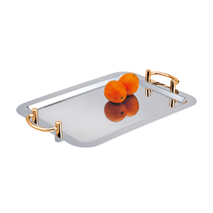 Oblong Mirror Polished Stainless Steel Serving Platter With Gilt Handles