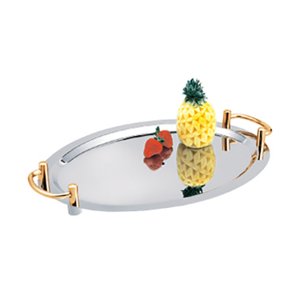 Oval Mirror Polished Stainless Steel Serving Platter With Gilt Handles