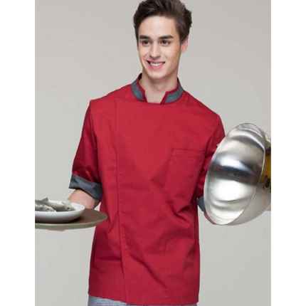 Unisex Short Sleeve Wine Red Contrast Gray High Grade Classic Side Opening  Chef Coat