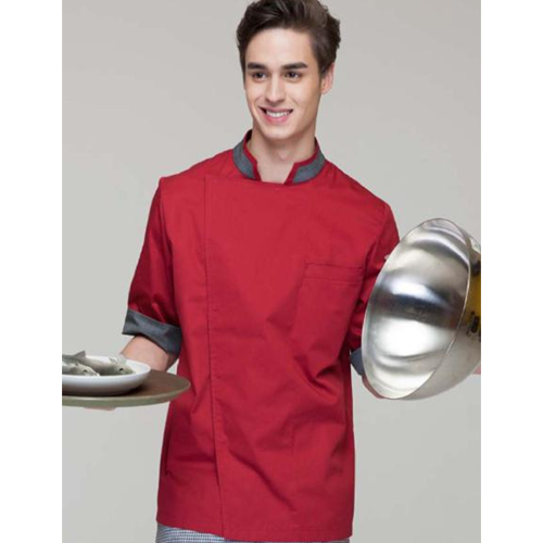 Unisex Short Sleeve Wine Red Contrast Gray High Grade Classic Side Opening  Chef Coat