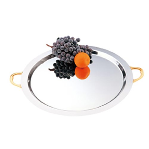 Round Mirror Polished Stainless Steel Serving Platter With Gilt Handles