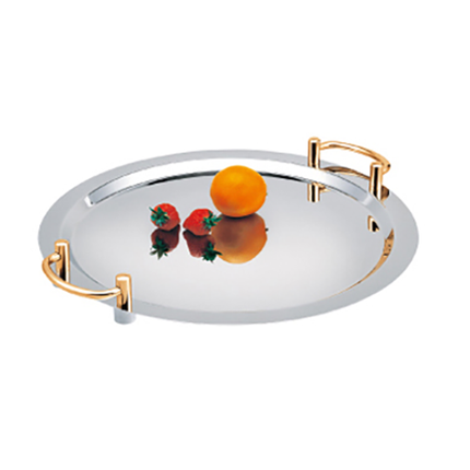 Round Mirror Polished Stainless Steel Serving Platter With Gilt Handles